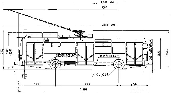 Typový výkres dvousilového trolejbusu ŠKODA 21 Tr ACI s asynchronním trakčním pohonem.